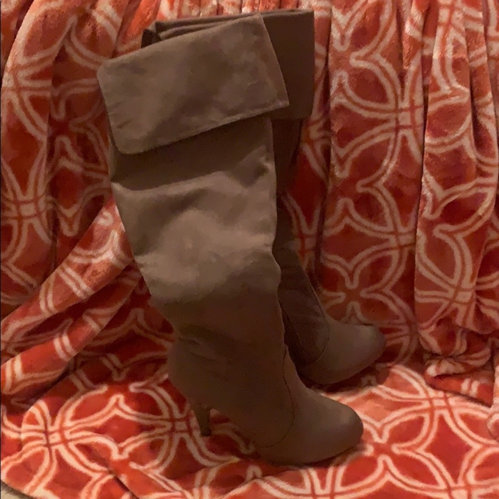 Suede taupe knee high heel boots